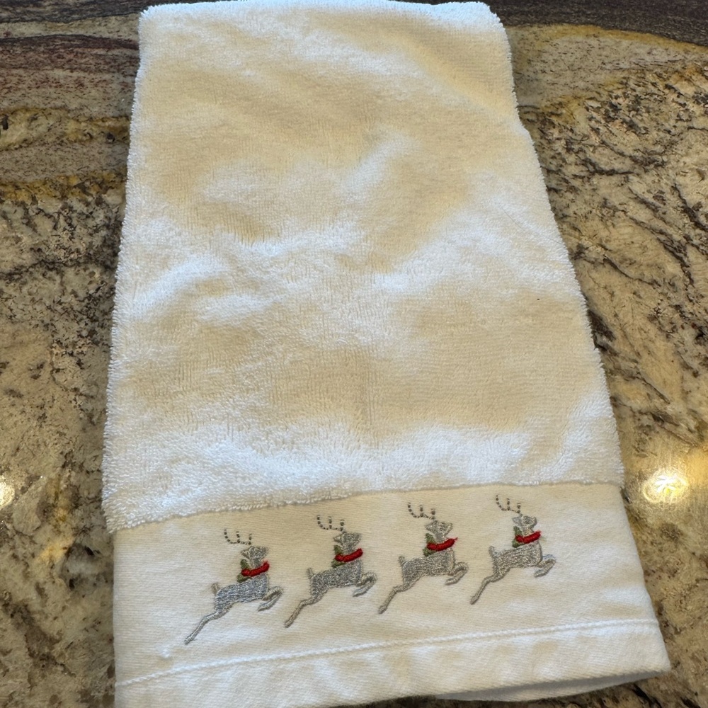 White Hand Towel with Reindeer Design